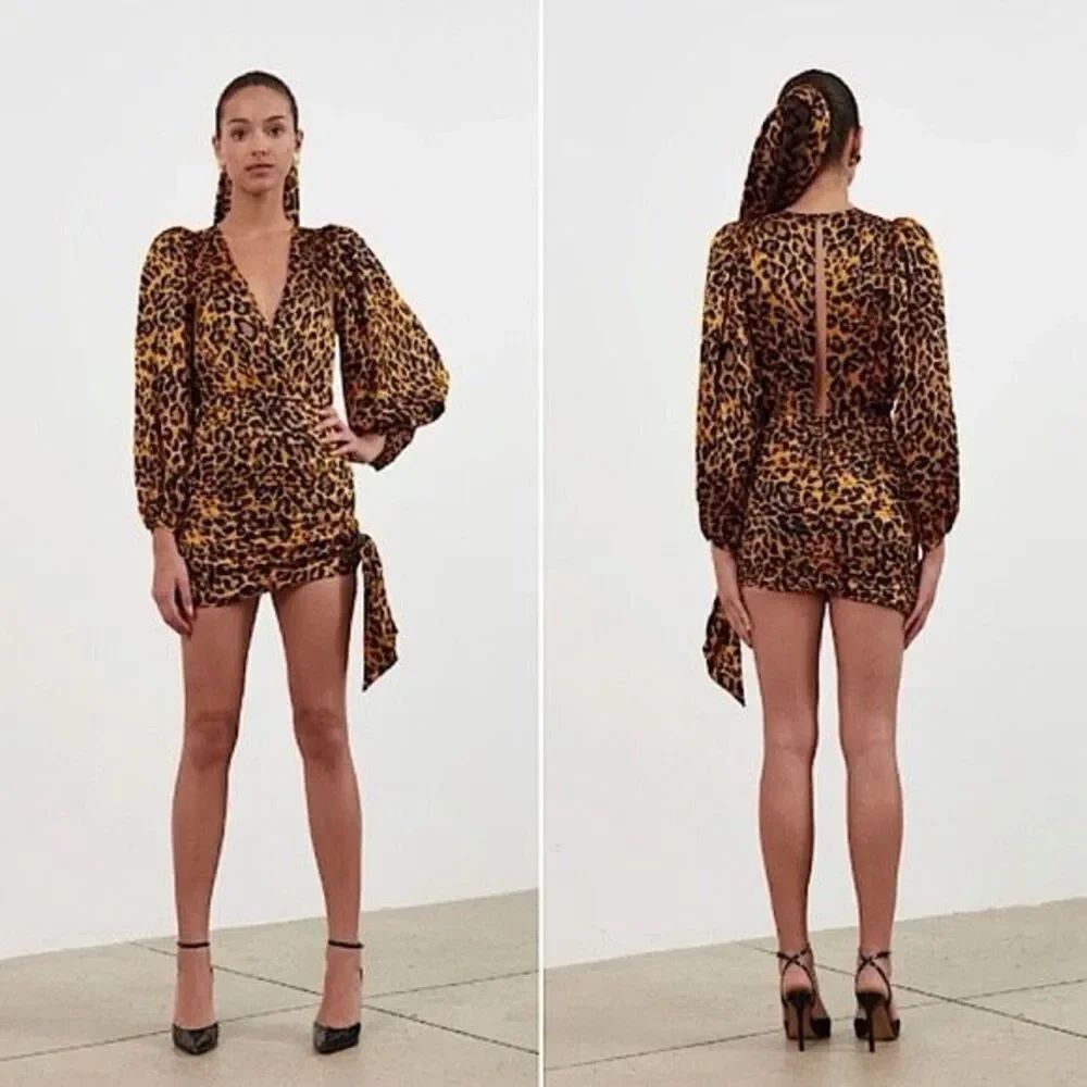 Ronny Kobo Giorgia Leopard Print Puff-Shoulder Faux Wrap Dress XS